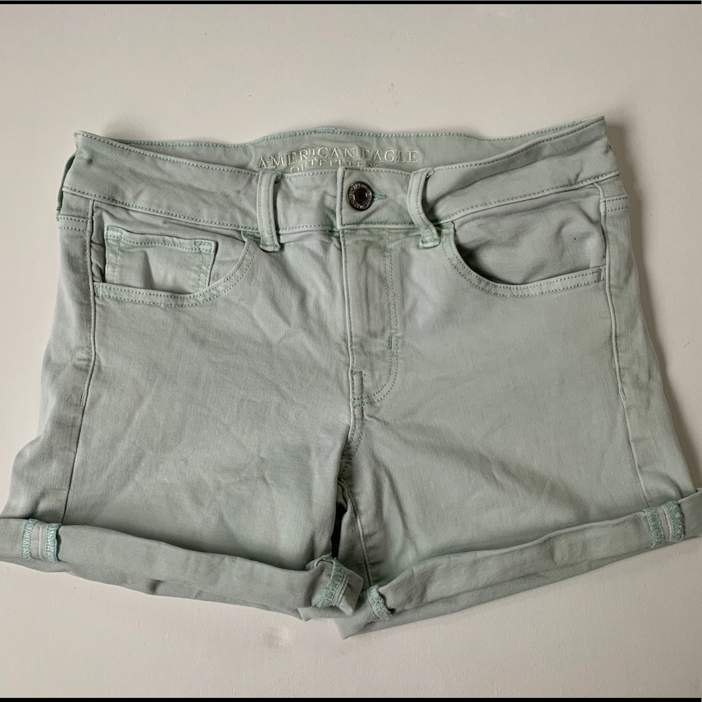Blue/Green AEO super stretch midi shorts.